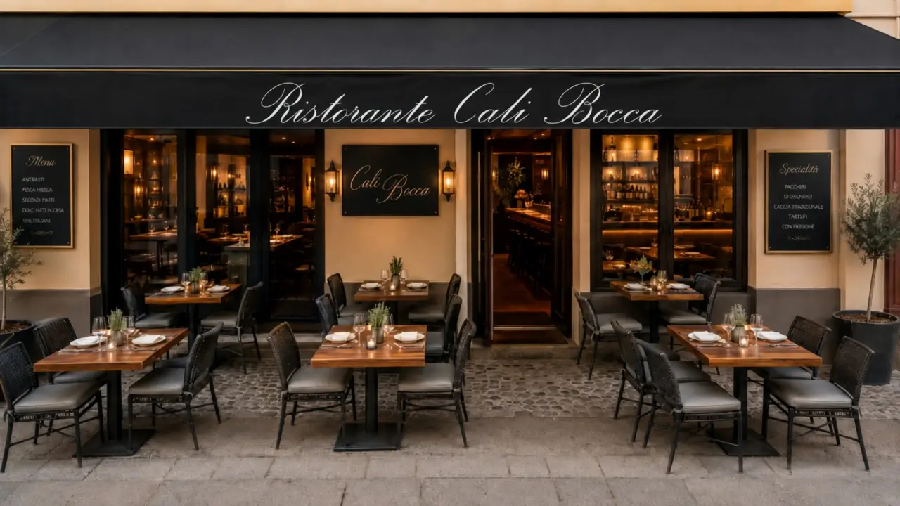 Abendliche Fassade des Ristorante CaliBocca, schwarze Markise und warm erleuchtete Fenster